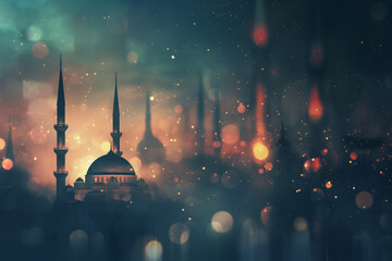 Futuristic ramadan background with mosque and bokeh. Generative AI - obrazy, fototapety, plakaty