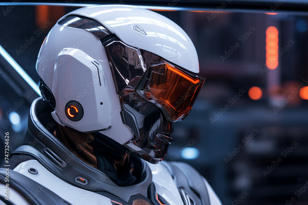 Poster surreal modern cyborg with a cyberpunk helmet on a futuristic background made with generative ai