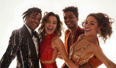 Obraz premium Joyful group in sparkling attire laughing together in a festive atmosphere