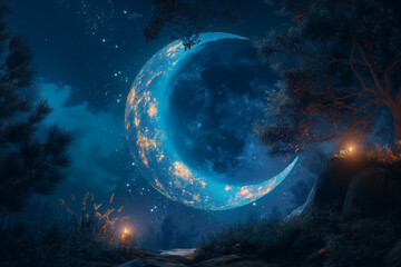 Obraz na płótnie Canvas Eid mubarak and ramadan kareem purple background crescent moon. Generative AI