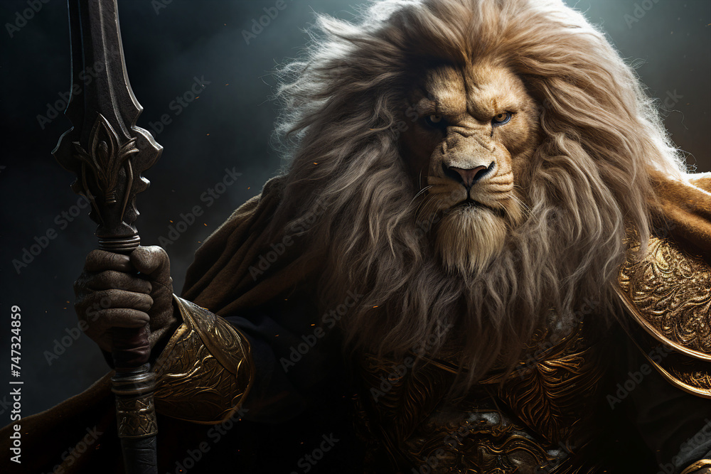 Wall mural generative ai illustration image of wild animal lion king knight with armor and sword