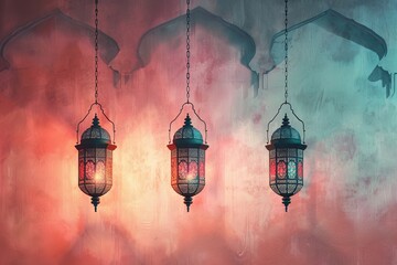 three lanterns are hanging from the ceiling with their shadows on the wall, design a Ramadan minimalism wallpaper with an emphasis on super-soft colors