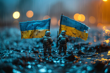 Ukraine on dark background. Conceptual image of war between Ukraine using toy soldiers. Selective focus. Generative AI
