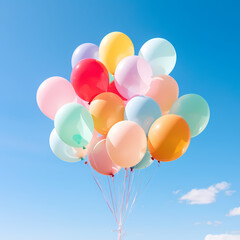 Colorful balloons against a clear blue sky.
