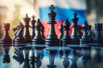Conceptual image of war between Russia using chess pieces and national flags on a reflective background. Generative AI