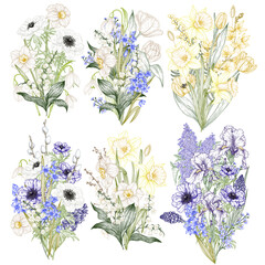 Vector set of 6 bouquets of spring flowers. Snowdrops, crocuses, brunnera, tulips, muscari, hyacinths, irises, daffodil, pansies, lily of the valley, anemone, scilla  - obrazy, fototapety, plakaty