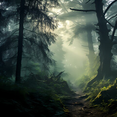 Foggy morning in a mystical forest.