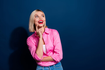 Photo portrait of pretty young girl look excited minded empty space dressed stylish pink outfit...