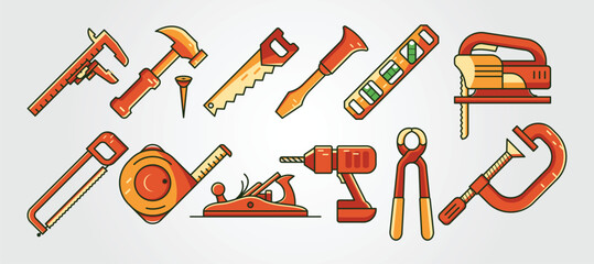 set of carpenter tool cartoon icon vector illustration design, carpenter equipment vector logo design