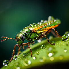 Macro shot of an insect on a dew-covered leaf.