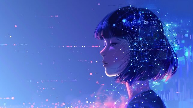 Detailed and futuristic dreamlike AI portrait of asian female with neural network lines, suitable for wallpaper use.