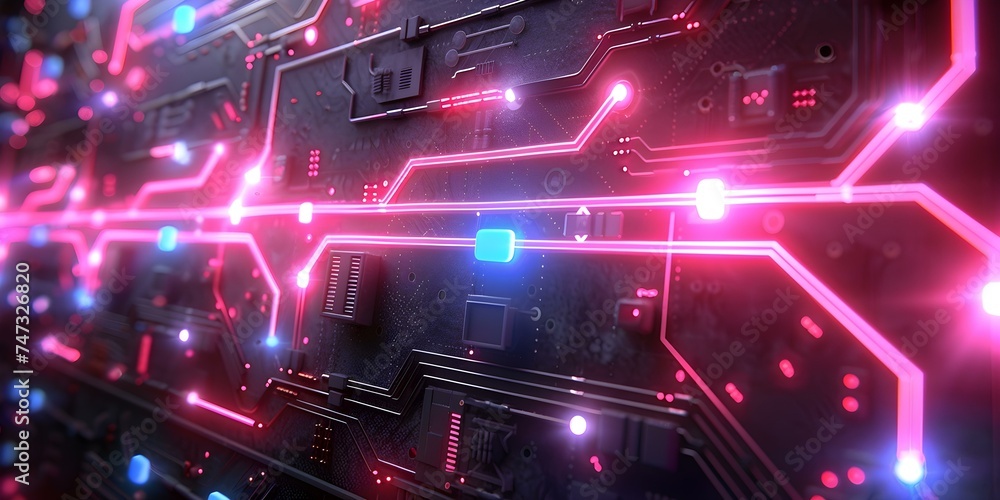 Poster futuristic neon circuit pattern symbolizing the complexity of technology and electronics. concept te
