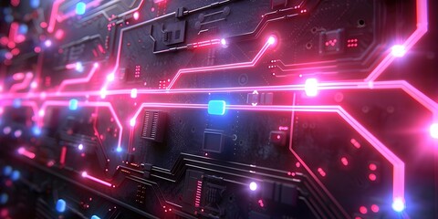 Futuristic neon circuit pattern symbolizing the complexity of technology and electronics. Concept Technology, Electronics, Neon Lights, Circuit Pattern, Futuristic
