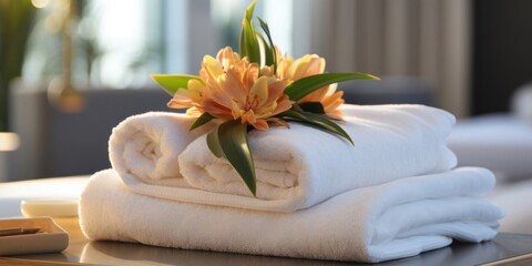 Obraz na płótnie Canvas Stack of Folded Towels With Flower on Top in Luxury Bathroom Generative AI