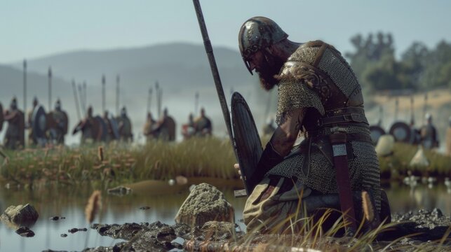 A Varangian warrior kneels in prayer seeking the blessings of the gods before heading into battle. His faith and devotion to his beliefs make him a formidable force on the