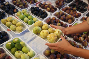 Cropped shot of a young woman picking fresh figs on farmers market. Shopping for organic local produce fruits. Close up, copy space, background.