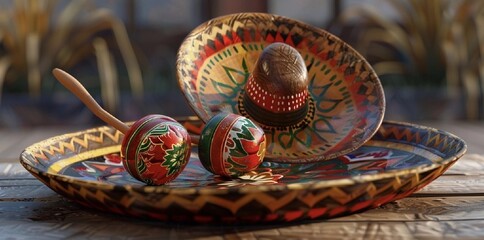 Mexican hat and maracas - obrazy, fototapety, plakaty