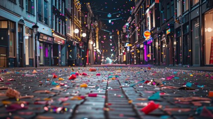 An empty city street early in the morning, with colorful confetti covering the ground after a night of celebrations. - obrazy, fototapety, plakaty