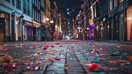 Foto auf Acrylglas An empty city street early in the morning, with colorful confetti covering the ground after a night of celebrations. © furyon