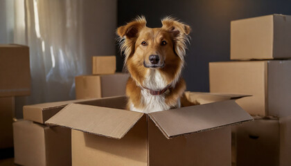 Fototapeta premium Family with kids and pets moving to new home. Cute dog sitting in cardboard box. Moving to new home, packing and unpacking boxes, relocation, renovation, removals and delivery service concept