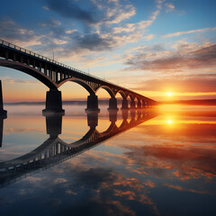 Reflection of a bridge in calm waters at sunrise. 