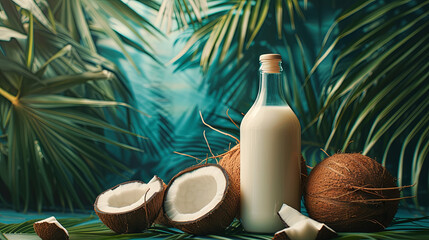 Obraz na płótnie Canvas Bottle of coconut milk with the palm tree leaves on the emerald background