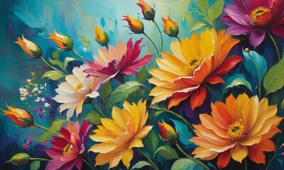 Fototapeta na wymiar Bright oil painting with exotic flowers