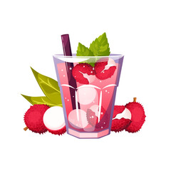 Lychee cocktail. Summer refreshing drink, lemonade with lychee, mint. Vector illustration.