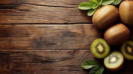 Ripe kiwi displayed against a wooden backdrop