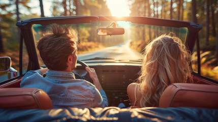 Sunset Drive in a Convertible.
Couple enjoying a scenic drive in a convertible at sunset. - obrazy, fototapety, plakaty