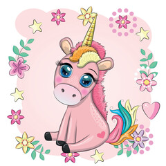 Pink unicorn pony sitting. Cute baby card, baby girl with big eyes