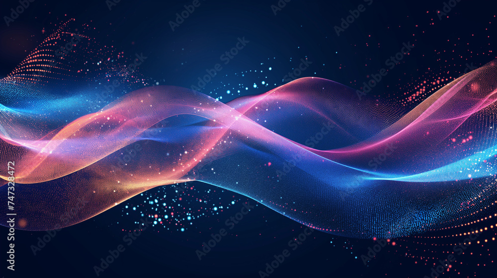 Poster abstract flying on a dark blue and red background topic of artificial intelligence, neural networks,