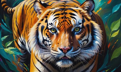 Vibrant Oil Painting of Majestic Tiger