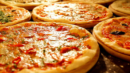 Pizza, Pizza on wooden table, Food ingredients and spices for cooking mushrooms, tomatoes, cheese, onion, oil, pepper, salt, basil, olive and delicious italian pizza, Pizza Photography