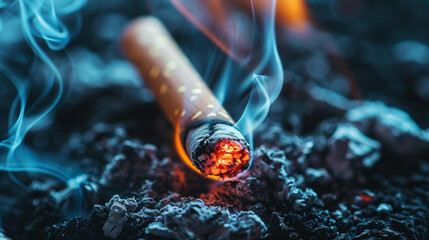 Cigarette Burning on Ash Background.
Close-up of a lit cigarette on ash, smoking and burning slowly.