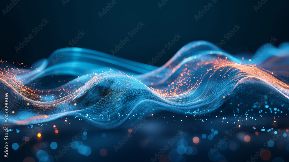 Poster abstract flying on a dark blue and red background topic of artificial intelligence, neural networks,