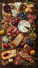 A meticulously illustrated charcuterie and cheese platter showcasing a bounty of cheeses, fruits, and nuts. The artistic representation brings out the rich textures and diverse flavors of the spread.