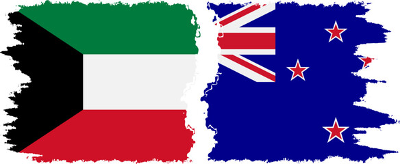 New Zealand and Kuwait grunge flags connection vector