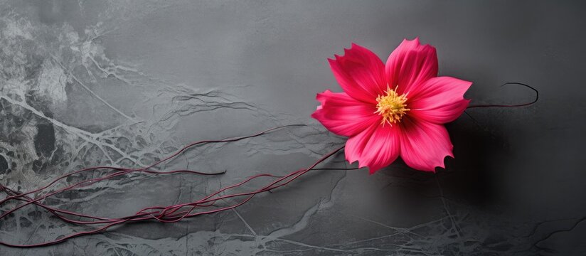 A pink flower with a red filament and yellow anther is positioned on top of a black surface, contrasting with the gray wall in the background.