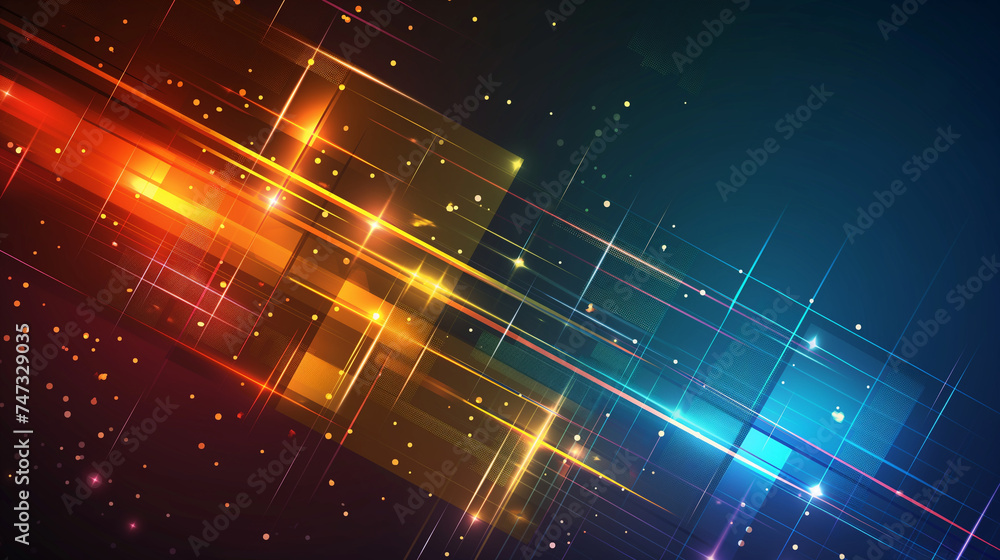Poster abstract flying on a dark blue and red background topic of artificial intelligence, neural networks,