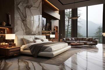 Luxurious Bedroom Featuring Marble Floor and Walls Generative AI