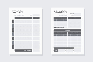 Black and white modern classic minimalistic monthly and weekly financial planners for budget management with total of income and expenses