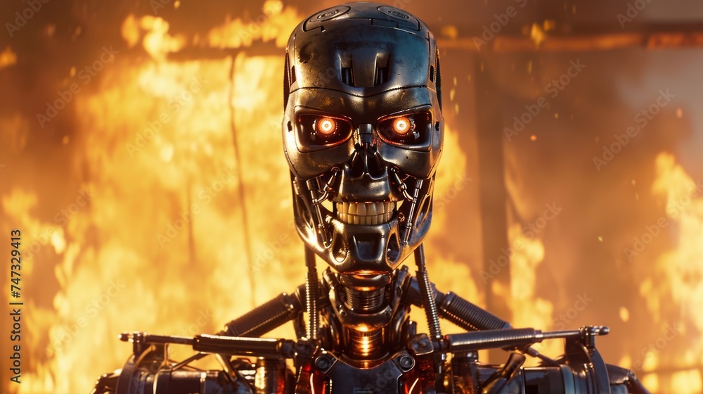 Poster close up of a robot with fire on background