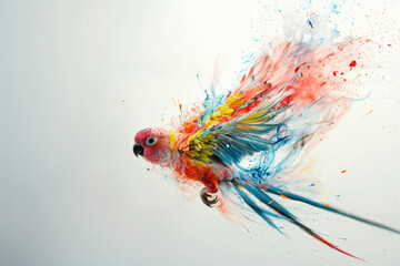 Obraz na płótnie Canvas Dynamic artwork of a parrot with a burst of paint splashes, symbolizing vibrant life and creativity in motion.