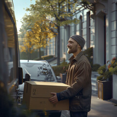 Good, kind, gentle, hard working mature man, delivery guy, holding a cardboard box on the street. - obrazy, fototapety, plakaty