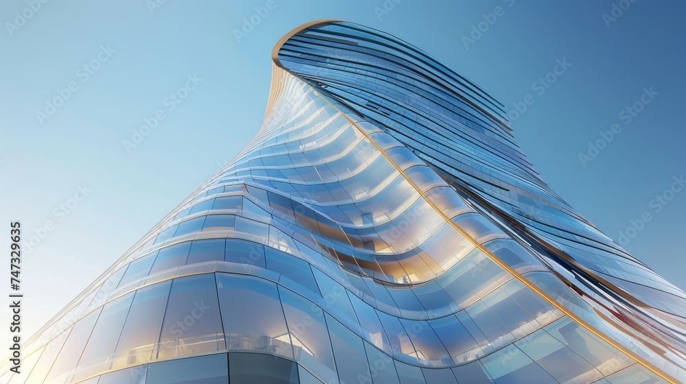 Leinwandbilder A low angle view of futuristic architecture, a skyscraper of an office building with curve glass windows, a 3D rendering...