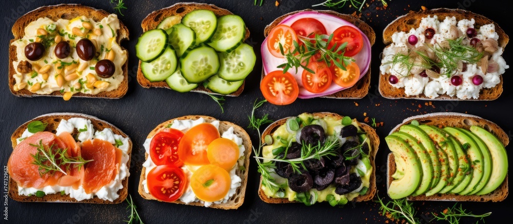 Poster a variety of open sandwiches with different types of bread and healthy toppings laid out on a simple
