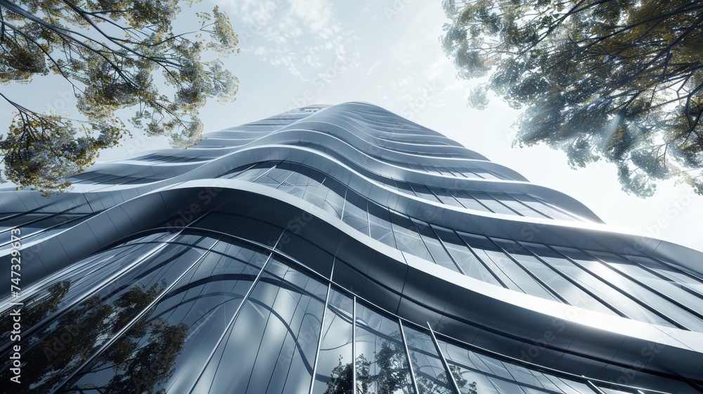 Aufkleber 3d rendering of a skyscraper with curve glass windows of futuristic architecture.