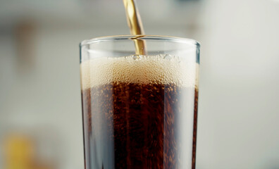 Pouring cola into a glass. Glass glass with soda and ice ,metal reusable straw for cocktails and close up.Soft drink, Pouring a soda into a glass on background, copy space for text.