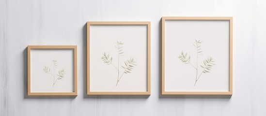 A set of three framed pictures hang neatly on a white wall in a minimalistic Scandinavian style indoor interior. The frames are perfect for showcasing photos or prints in this sleek and modern space.